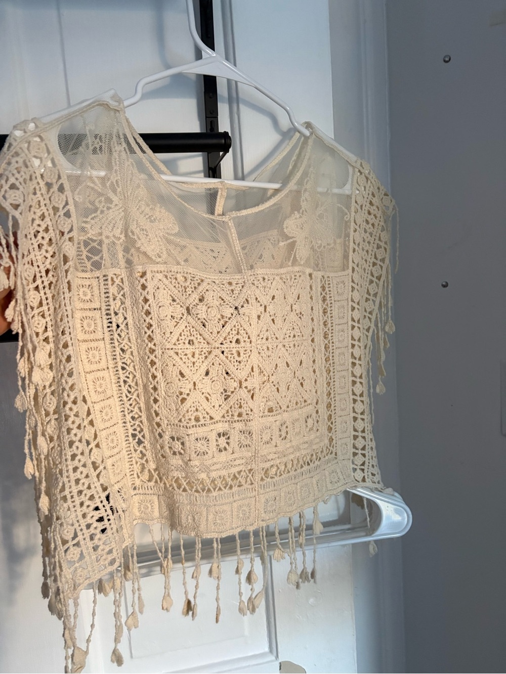 Boho Crochet Fringe Women's Top - Cream